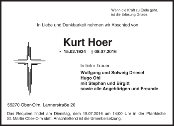 Traueranzeige von Kurt Hoer von Trauerportal Rhein Main Presse