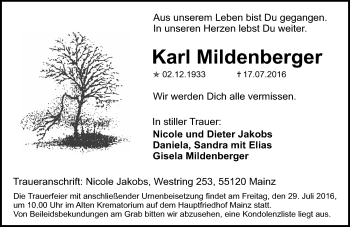 Traueranzeige von Karl Mildenberger von Trauerportal Rhein Main Presse
