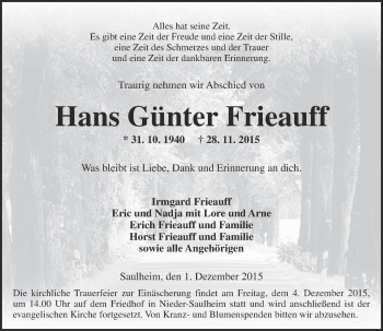 Traueranzeige von Hans Günter Frieauff von  Allgemeine Zeitung Alzey