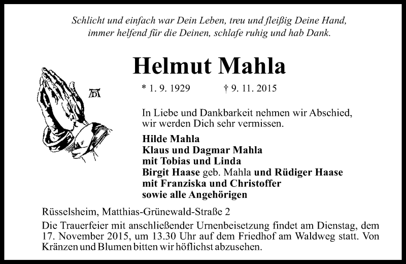  Traueranzeige für Helmut Mahla vom 14.11.2015 aus  Mainspitze