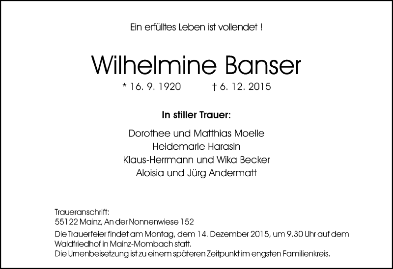  Traueranzeige für Wilhelmine Banser vom 10.12.2015 aus  Allgemeine Zeitung Mainz