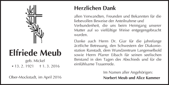 Traueranzeige von Elfriede Meub von  Sonntags Anzeiger