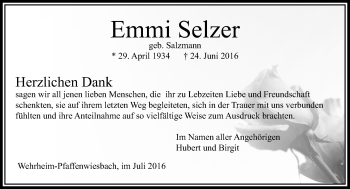 Traueranzeige von Emmi Selzer von  Usinger Anzeiger