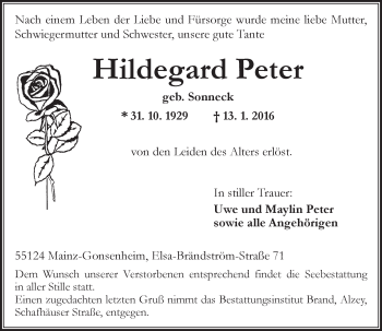 Traueranzeige von Hildegard Peter von  Allgemeine Zeitung Alzey