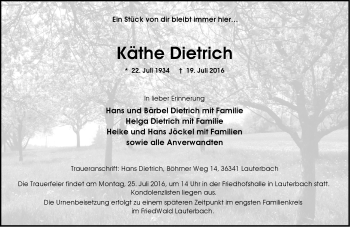 Traueranzeige von Käthe Dietrich von VRM Trauer
