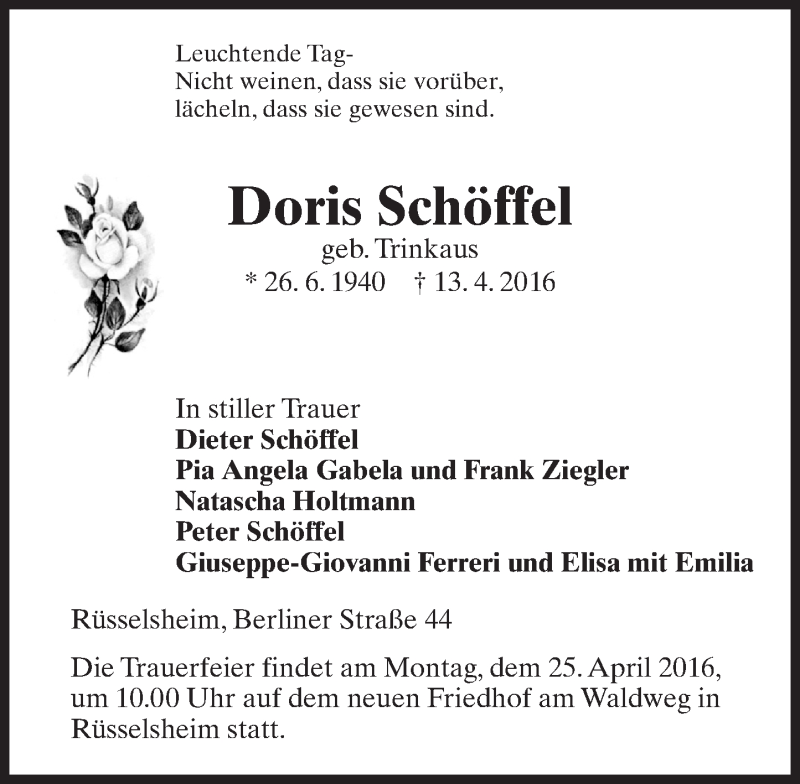  Traueranzeige für Doris Schöffel vom 20.04.2016 aus  Mainspitze