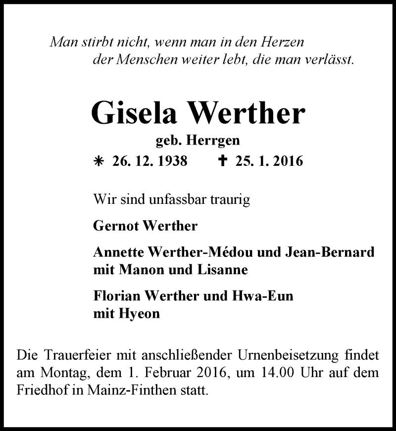 Traueranzeige für Gisela Werther vom 30.01.2016 aus  Allgemeine Zeitung Mainz