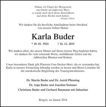 Traueranzeige von Karla Buder von  Allgemeine Zeitung Mainz
