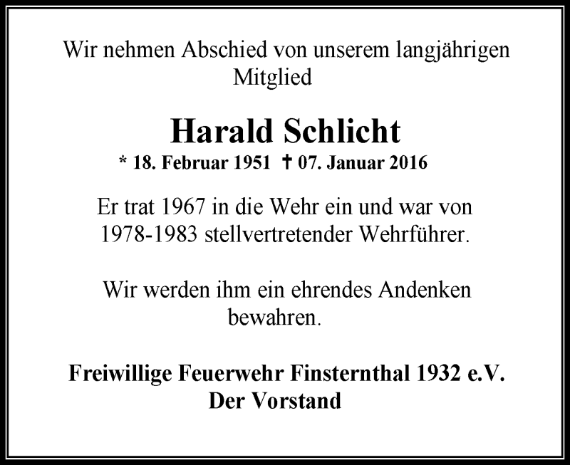  Traueranzeige für Harald Schlicht vom 19.01.2016 aus  Usinger Anzeiger