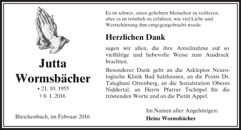  Traueranzeige für Jutta Wormsbächer vom 06.02.2016 aus  Sonntags Anzeiger