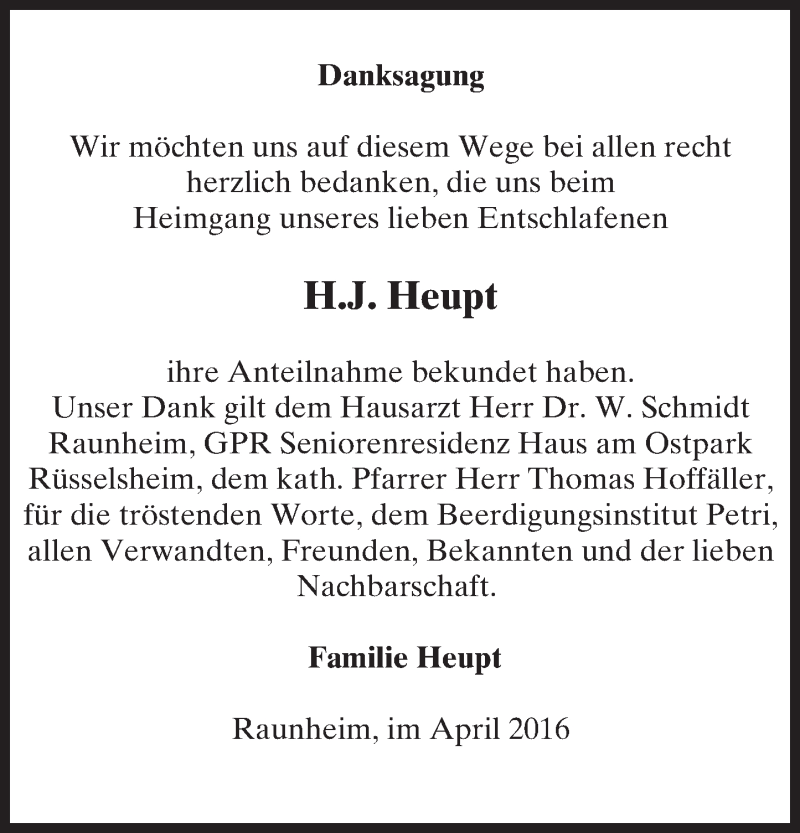  Traueranzeige für H. J. Heupt vom 04.04.2016 aus  Mainspitze