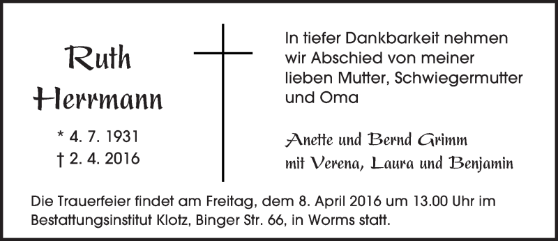  Traueranzeige für Ruth Herrmann vom 06.04.2016 aus  Wormser Zeitung