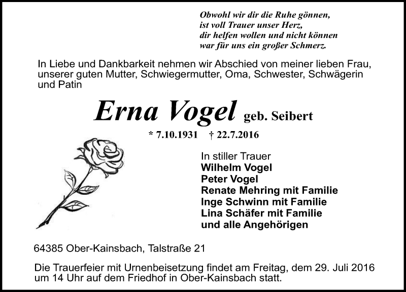  Traueranzeige für Erna Vogel vom 27.07.2016 aus Trauerportal Echo Online