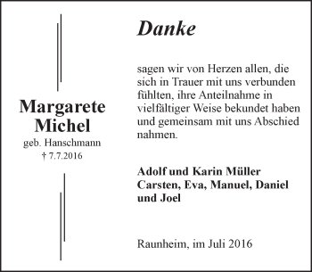 Traueranzeige von Margarete Michel von Trauerportal Rhein Main Presse
