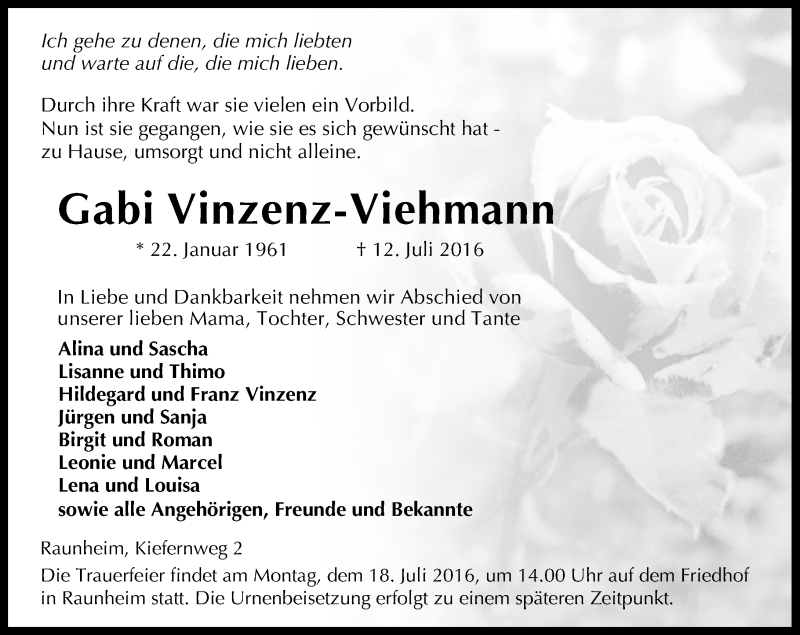  Traueranzeige für Gabi Vinzenz-Viehmann vom 16.07.2016 aus Trauerportal Rhein Main Presse