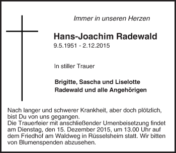 Traueranzeige von Hans-Joachim Radewald von  Mainspitze