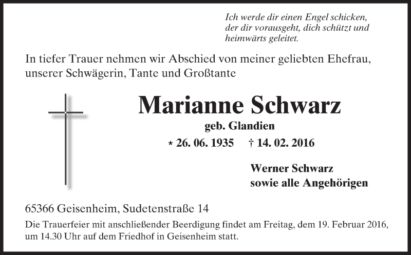  Traueranzeige für Marianne Schwarz vom 17.02.2016 aus  Rheingau