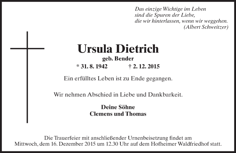  Traueranzeige für Ursula Dietrich vom 11.12.2015 aus  Hofheimer Zeitung