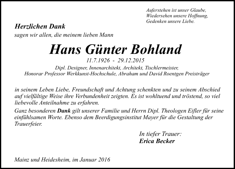  Traueranzeige für Hans Günter Bohland vom 23.01.2016 aus  Allgemeine Zeitung Mainz