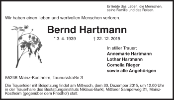 Traueranzeige von Bernd Hartmann von  Allgemeine Zeitung Mainz