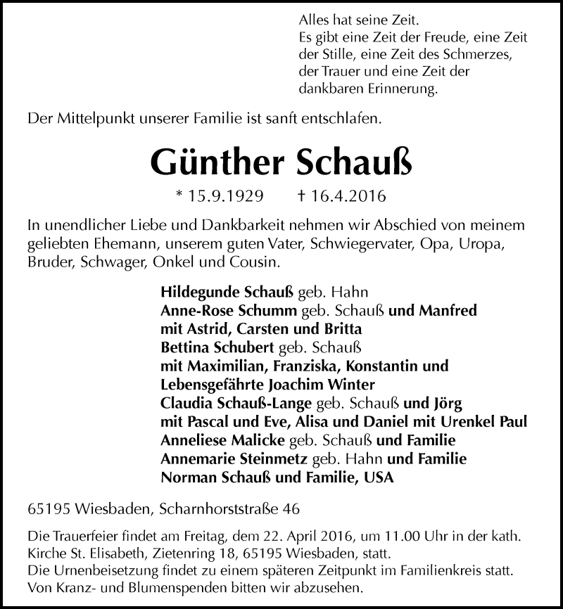  Traueranzeige für Günther Schauß vom 20.04.2016 aus  Wiesbaden komplett