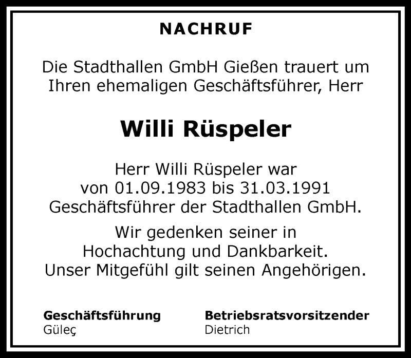  Traueranzeige für Willi Rüspeler vom 30.01.2016 aus  Gießener Anzeiger