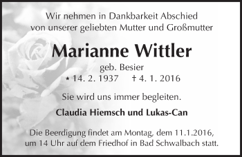 Traueranzeige von Marianne Wittler von  WK-UTA/Aar-Bote