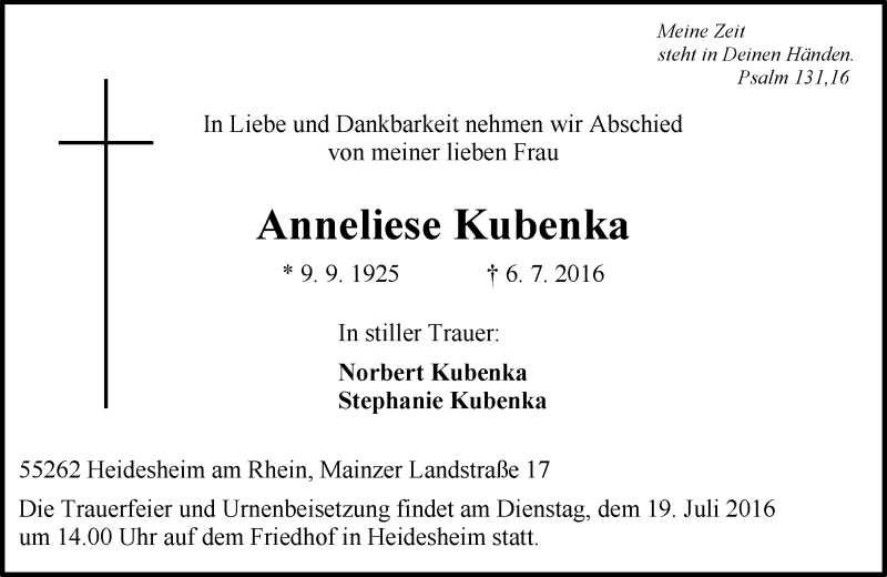  Traueranzeige für Anneliese Kubenka vom 12.07.2016 aus Trauerportal Rhein Main Presse
