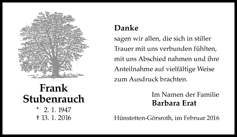  Traueranzeige für Frank Stubenrauch vom 20.02.2016 aus  Wiesbaden komplett