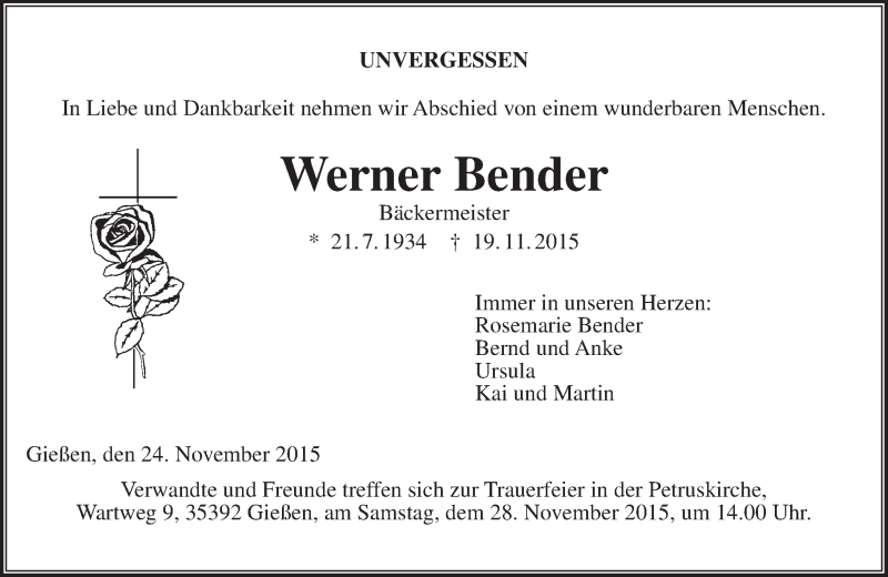  Traueranzeige für Werner Bender vom 24.11.2015 aus  Gießener Anzeiger