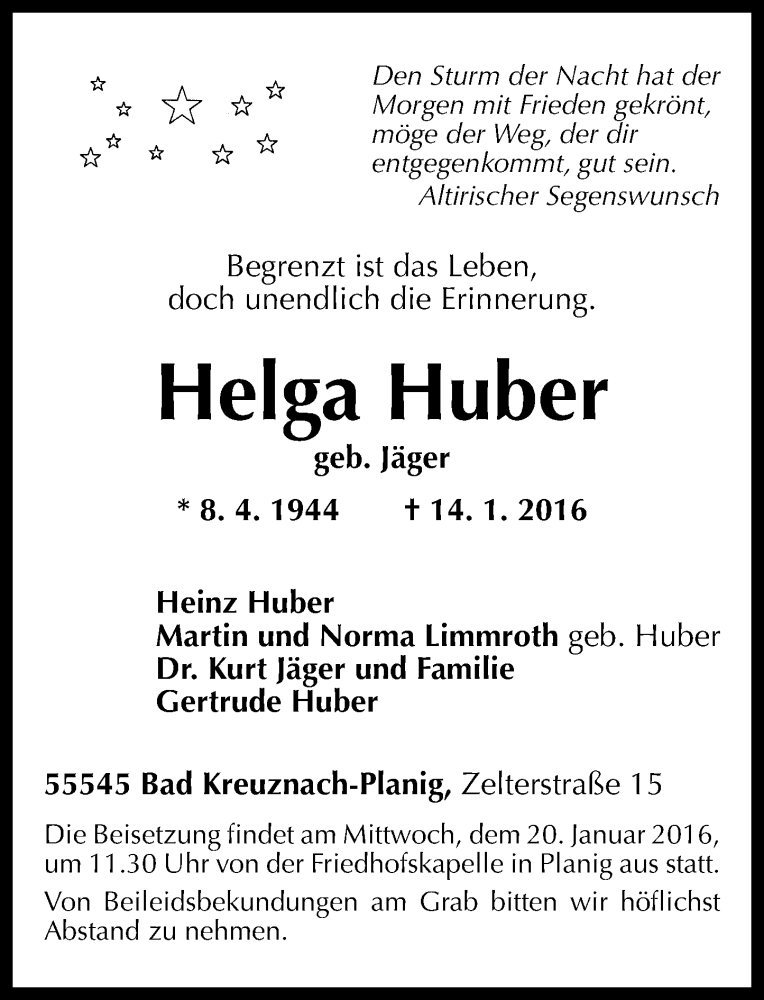  Traueranzeige für Helga Huber vom 16.01.2016 aus  Allg. Zeitung Bad Kreuznach