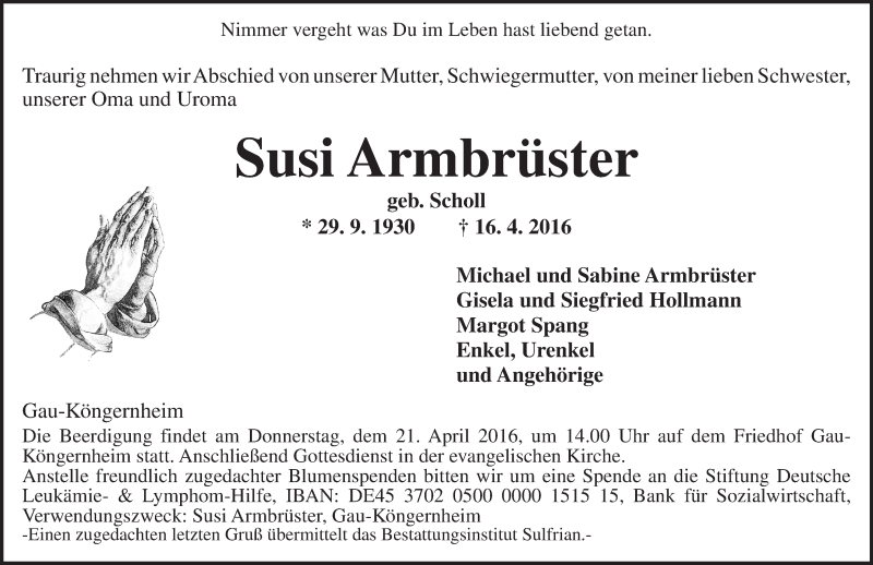 Traueranzeige für Susi Armbrüster vom 19.04.2016 aus  Allgemeine Zeitung Alzey