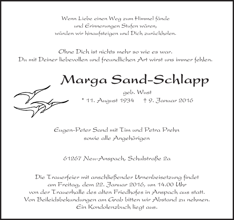  Traueranzeige für Marga Sand-Schlapp vom 16.01.2016 aus  Usinger Anzeiger