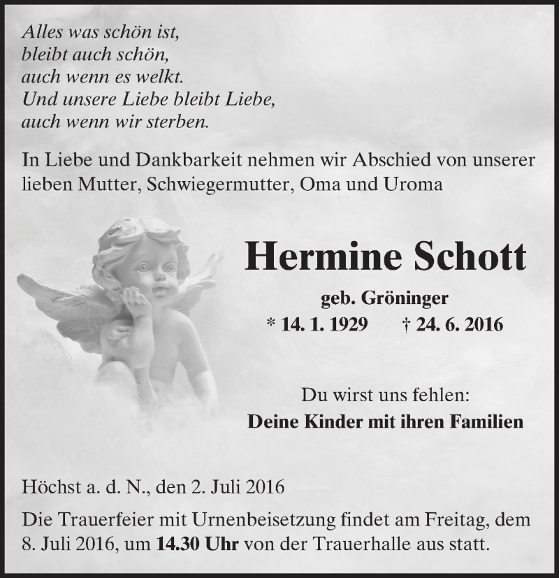  Traueranzeige für Hermine Schott vom 02.07.2016 aus  Kreisanzeiger
