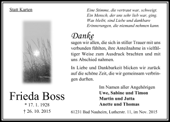 Traueranzeige von Frieda Boss von VRM Trauer