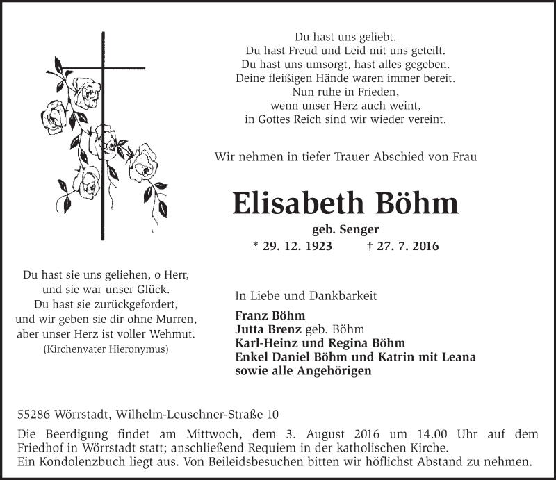  Traueranzeige für Elisabeth Böhm vom 30.07.2016 aus Trauerportal Rhein Main Presse