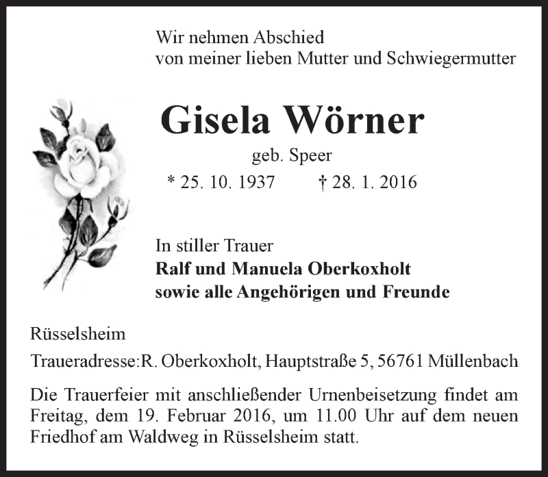  Traueranzeige für Gisela Wörner vom 06.02.2016 aus  Mainspitze