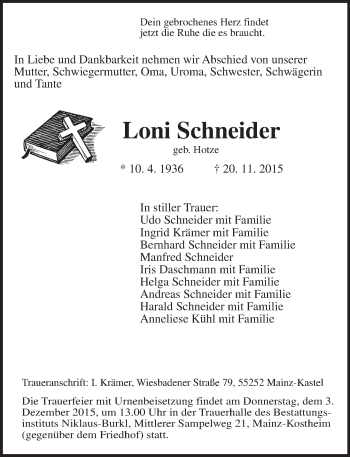 Traueranzeige von Loni Schneider von  Allgemeine Zeitung Mainz