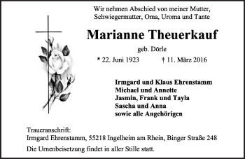 Traueranzeige von Marianne Theuerkauf von  Allgemeine  Zeitung Ingelheim-Bingen