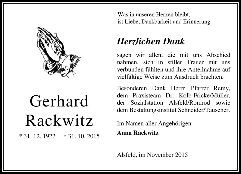  Traueranzeige für Gerhard Rackwitz vom 21.11.2015 aus  OK Oberhessen Kurier