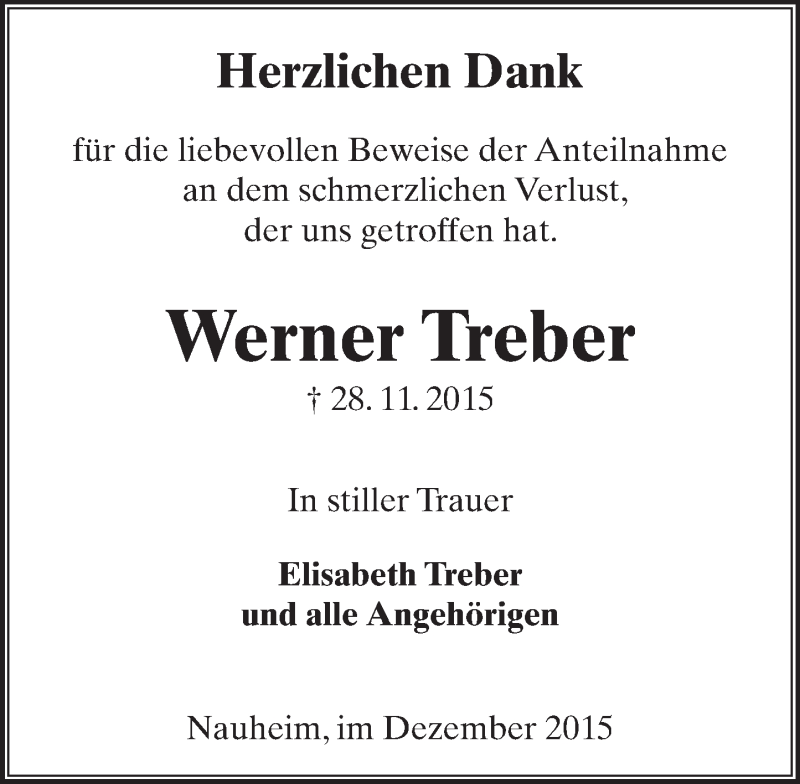  Traueranzeige für Werner Treber vom 19.12.2015 aus  Mainspitze