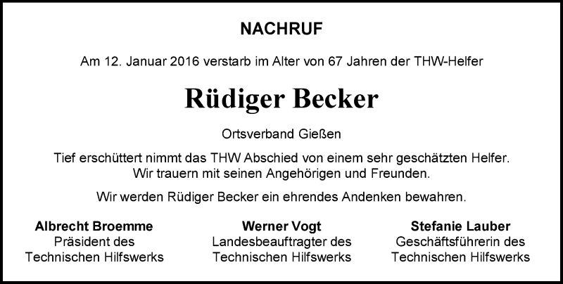  Traueranzeige für Rüdiger Becker vom 19.01.2016 aus  Gießener Anzeiger
