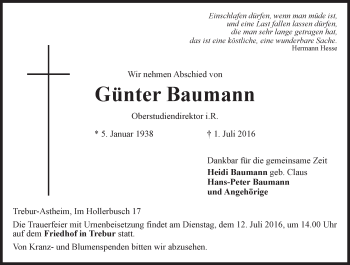 Traueranzeige von Günter Baumann von Trauerportal Rhein Main Presse