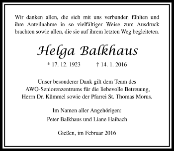 Traueranzeige von Helga Balkhaus von  Gießener Anzeiger