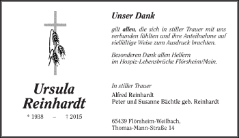 Traueranzeige von Ursula Reinhardt von  Mainspitze