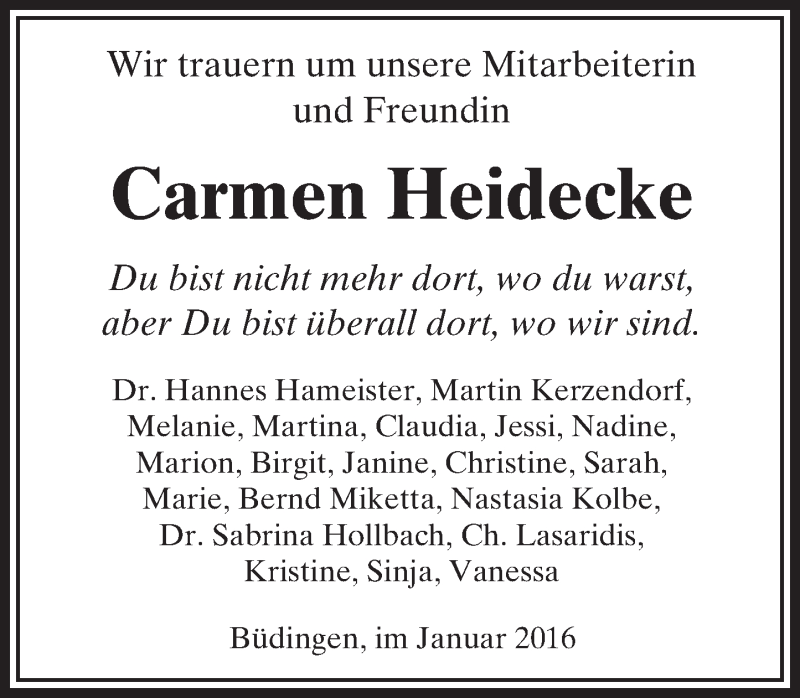  Traueranzeige für Carmen Heidecke vom 23.01.2016 aus  Kreisanzeiger