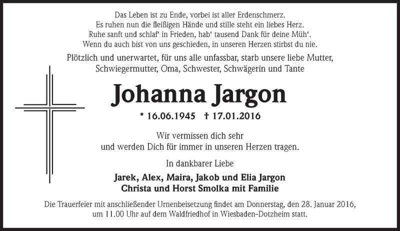  Traueranzeige für Johanna Jargon vom 23.01.2016 aus  Wiesbaden komplett