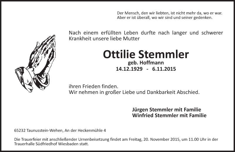  Traueranzeige für Ottilie Stemmler vom 14.11.2015 aus  Wiesbaden komplett
