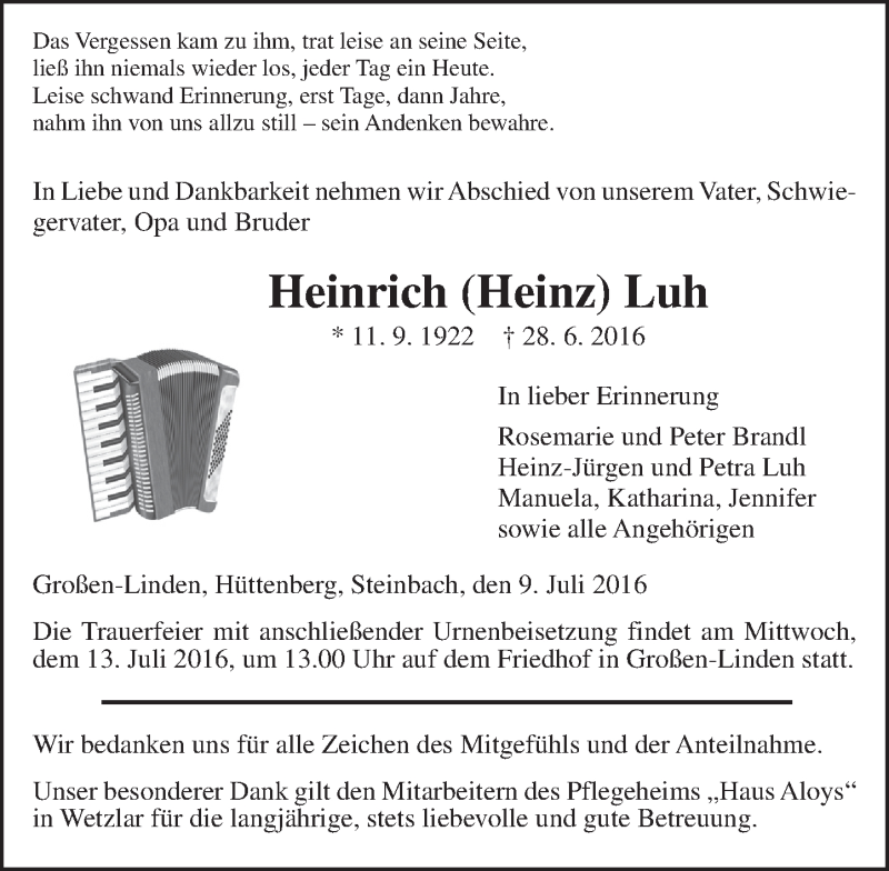  Traueranzeige für Heinrich Luh vom 09.07.2016 aus  Gießener Anzeiger