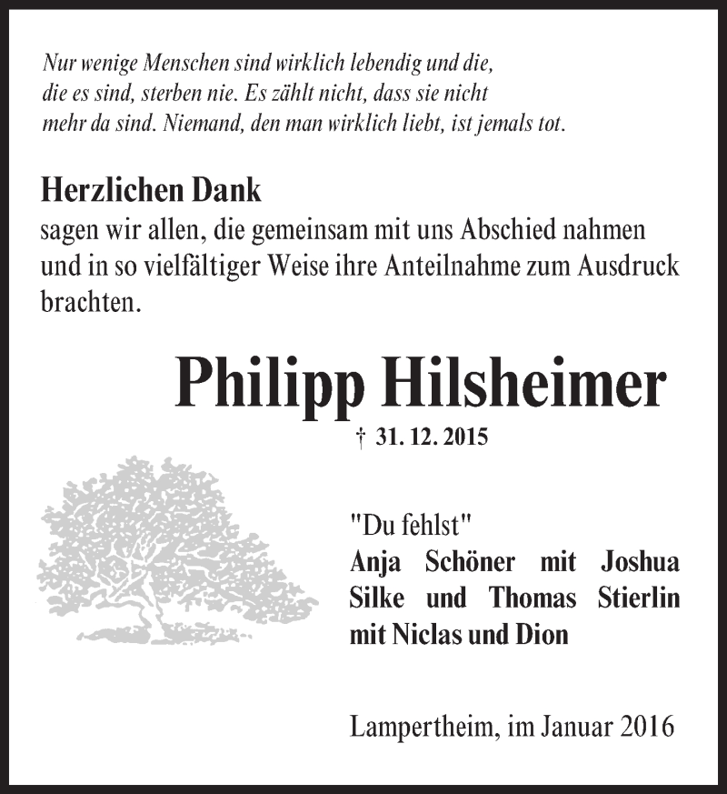  Traueranzeige für Philipp Hilsheimer vom 23.01.2016 aus  Bürstädter Zeitung